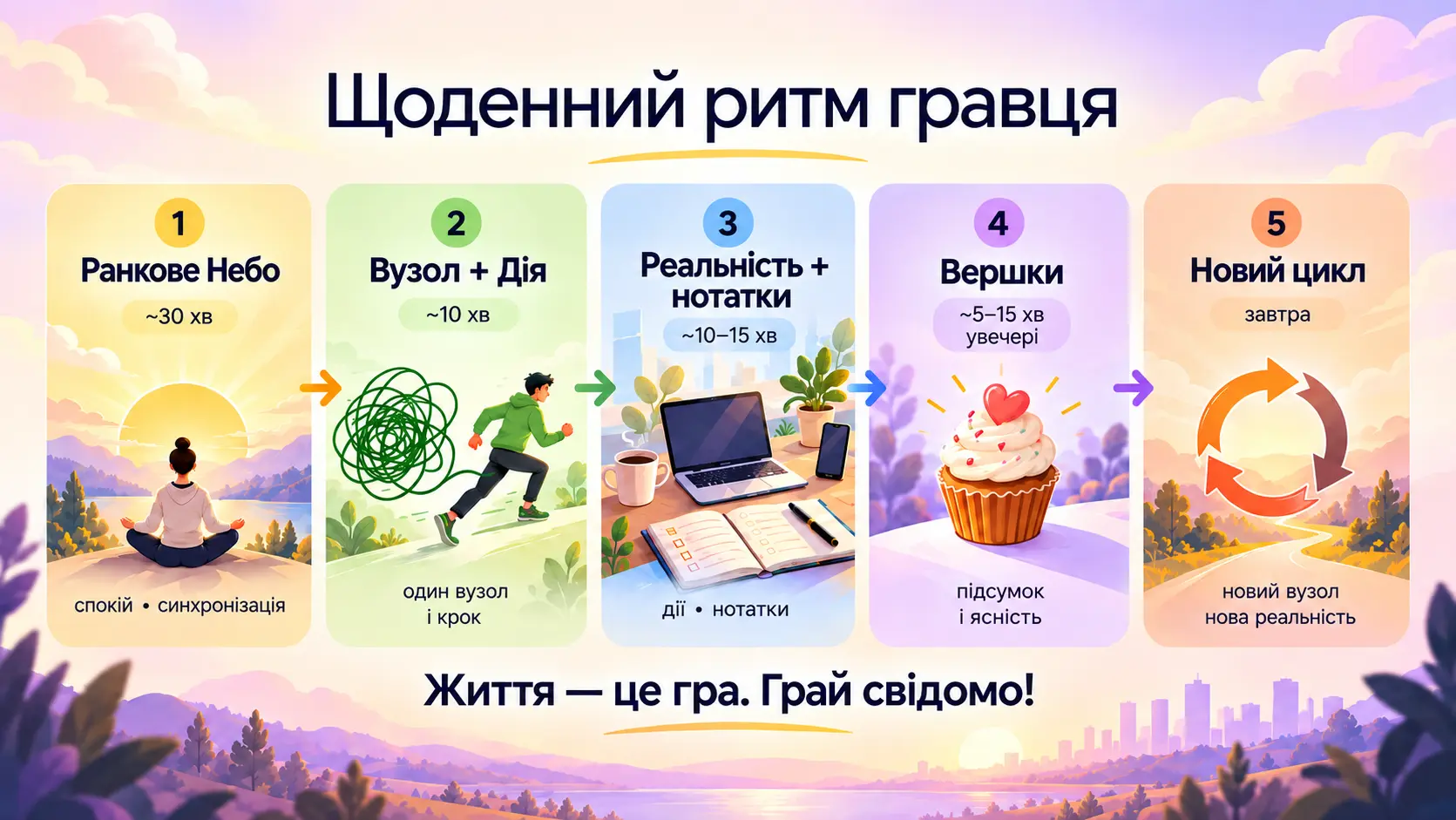 Щоденний ритм гравця: ранкове налаштування, дія, нотатки, підсумок і новий цикл